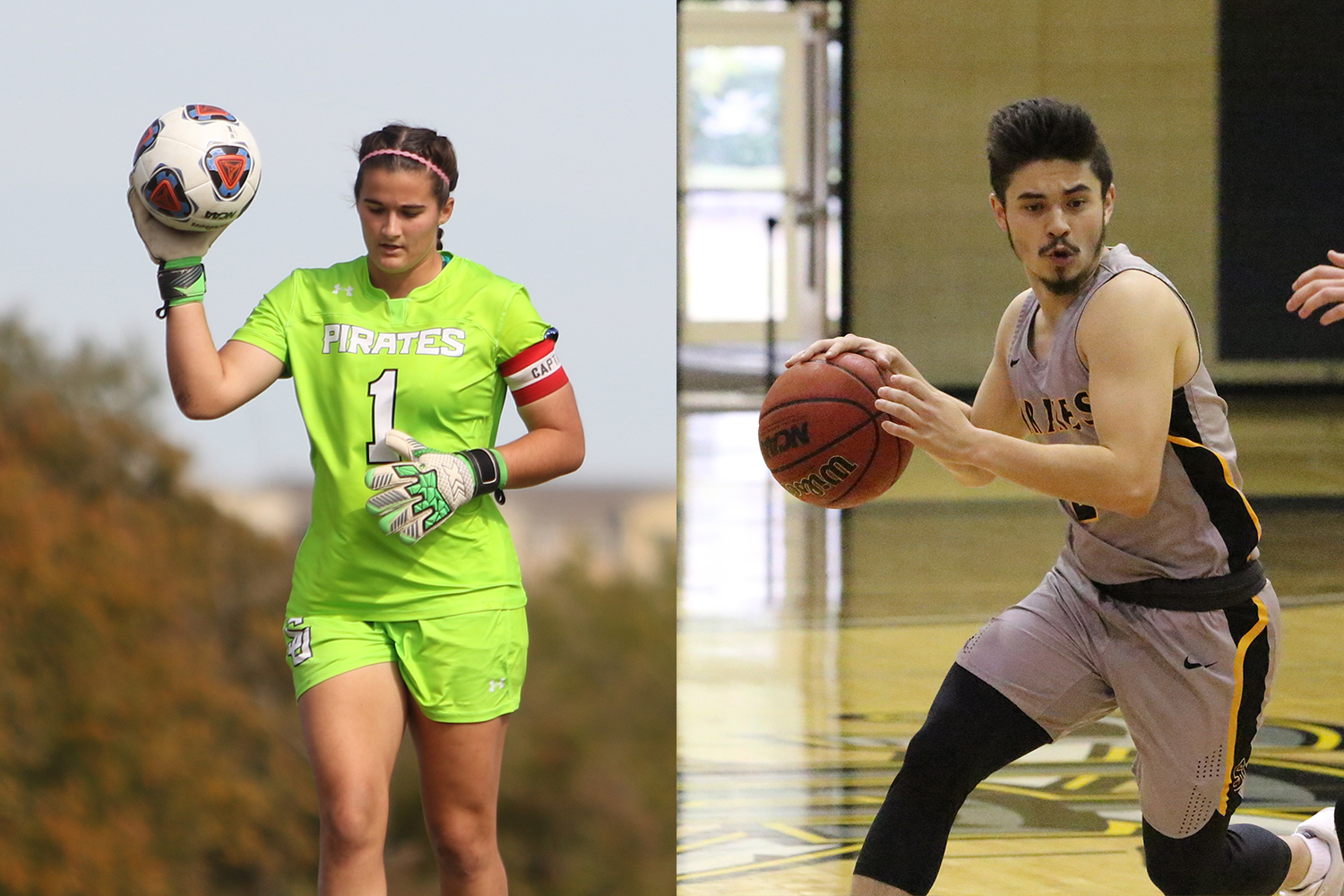Left: Women's soccer goalie Mary Cardone prepares to bounce the soccer ball in preparation to punt the ball. 

Right: Men's basketball player Justin McCormack dribbles the ball. 
